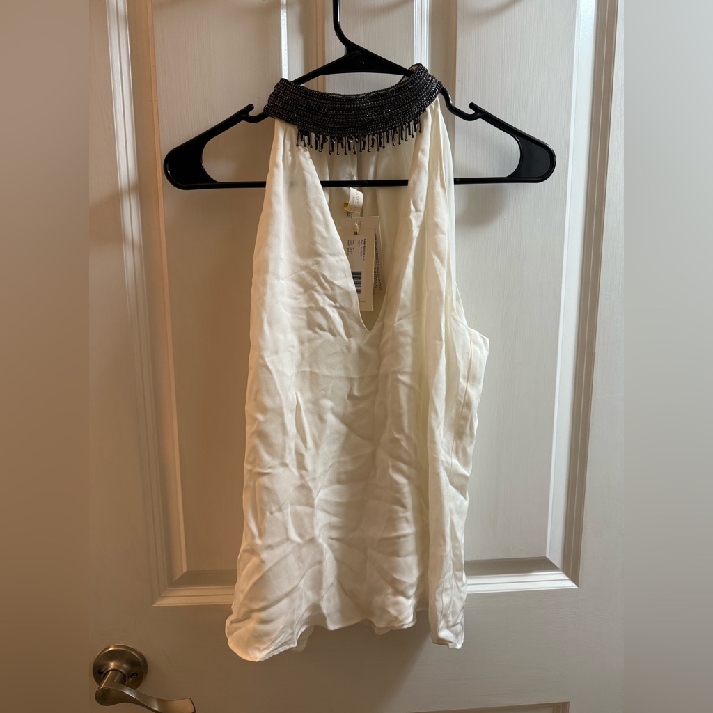 Ramy Brook Ivory Halter Top With Black Beaded Detail